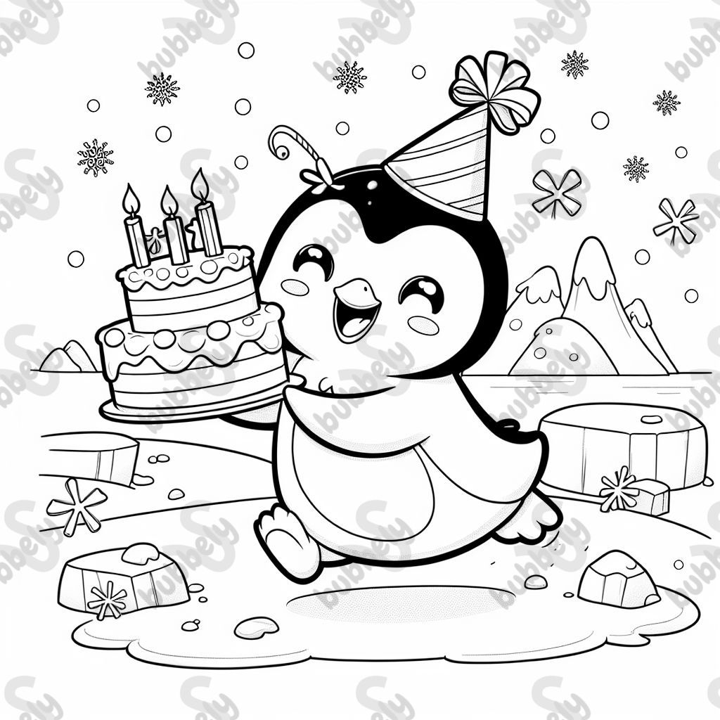 A penguin in a party hat with cake. A penguin in a party hat with cake.