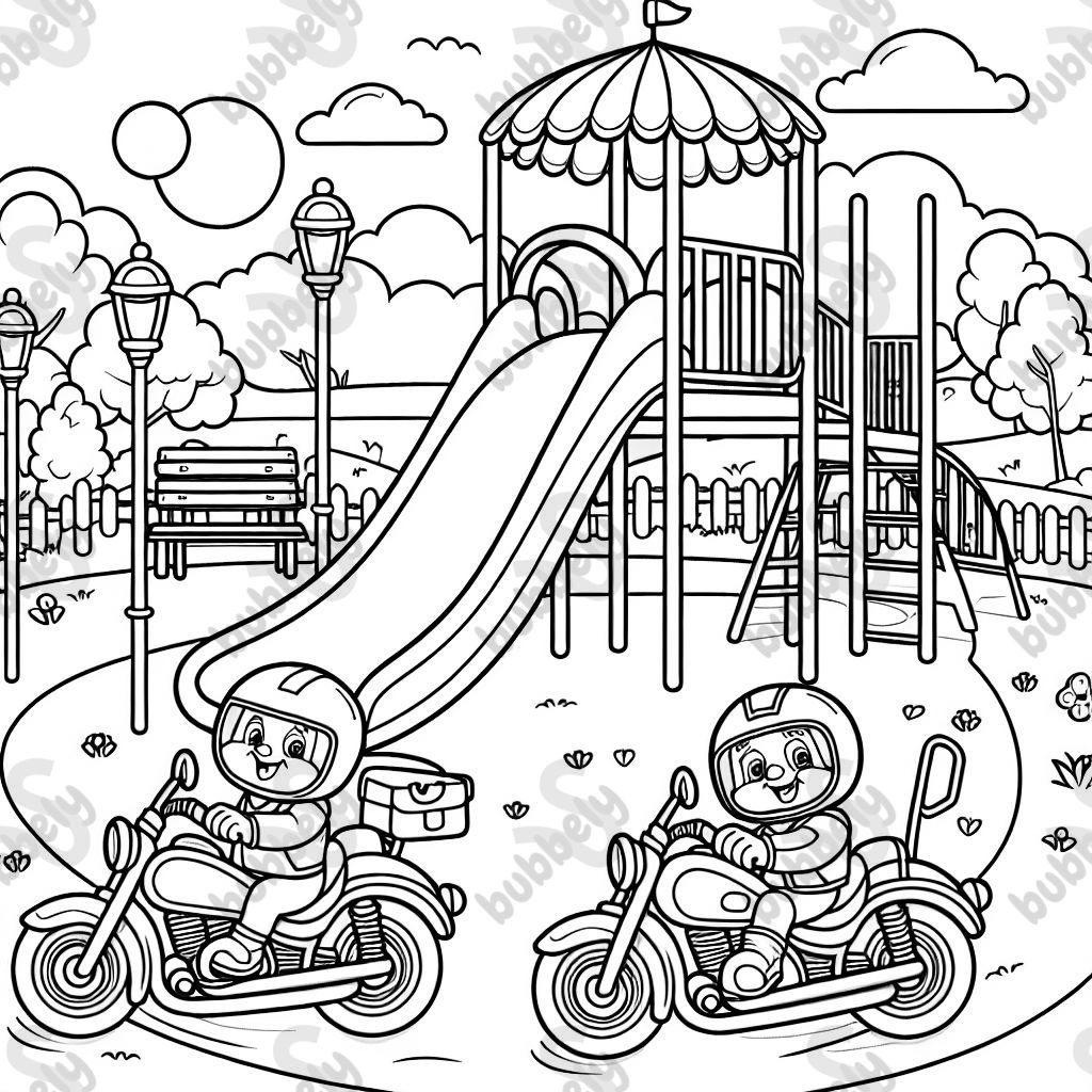 Zwei motorräder auf dem Spielplatz mit einer riesen großen Rutsche