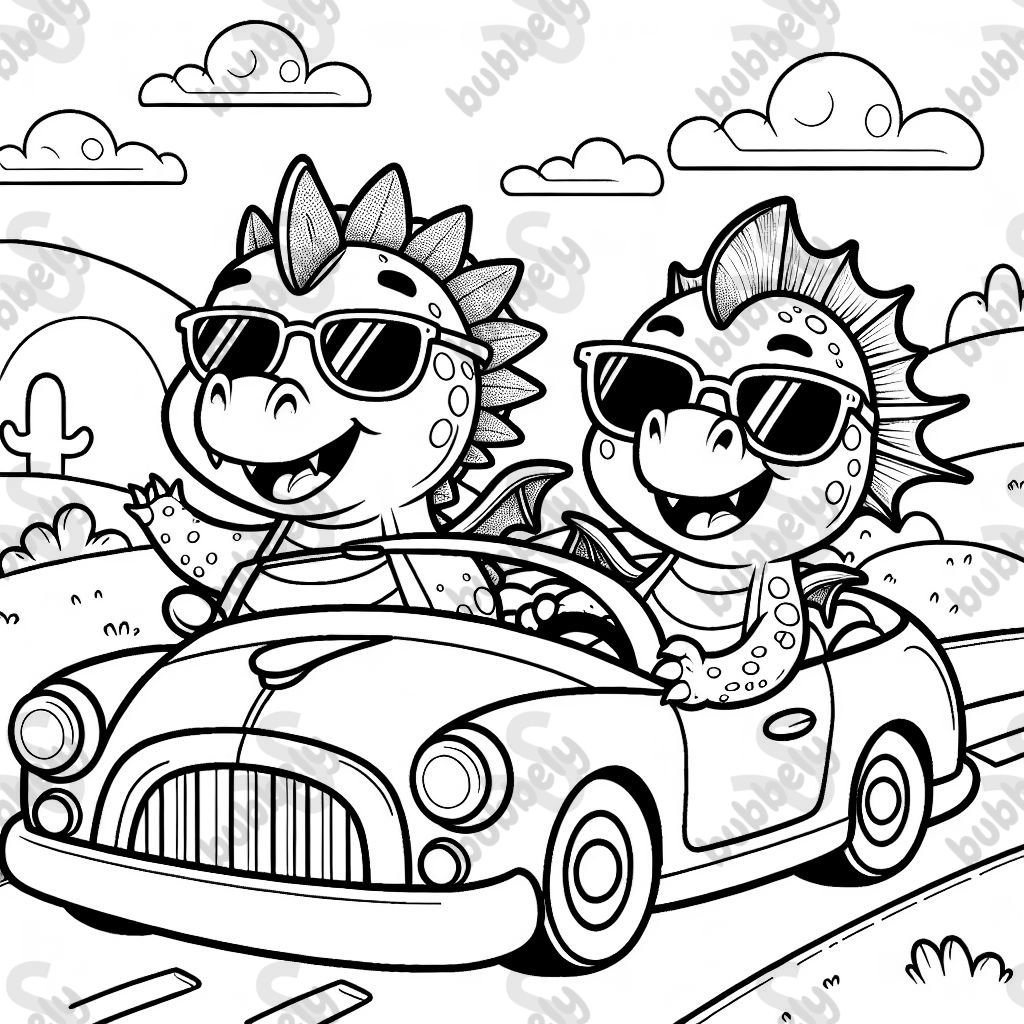 Two dragons driving a convertible