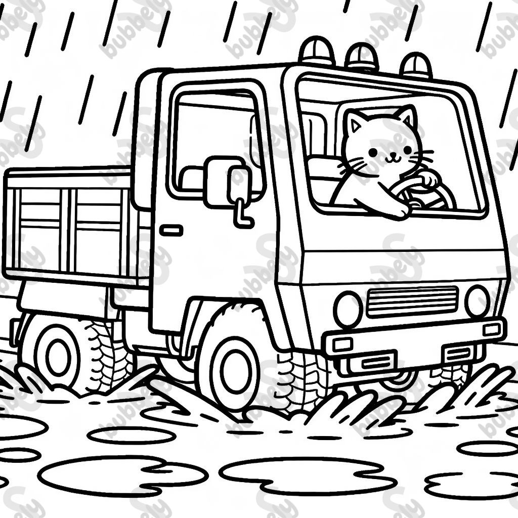 Eine Katze die einen Unimog durch Regenpfützen fährt