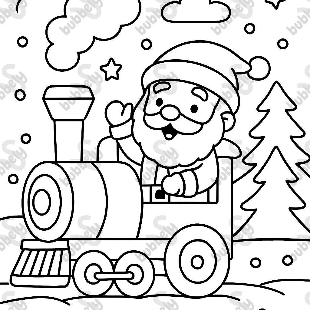 Train in winter landscape with Santa Claus and a ribbed frame