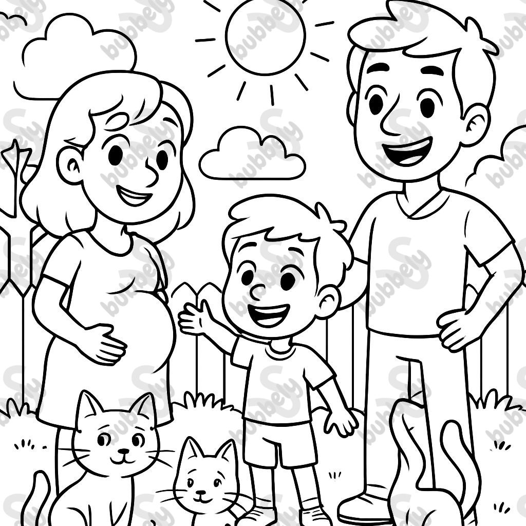 A family dad mom pregnant boy 2 cats