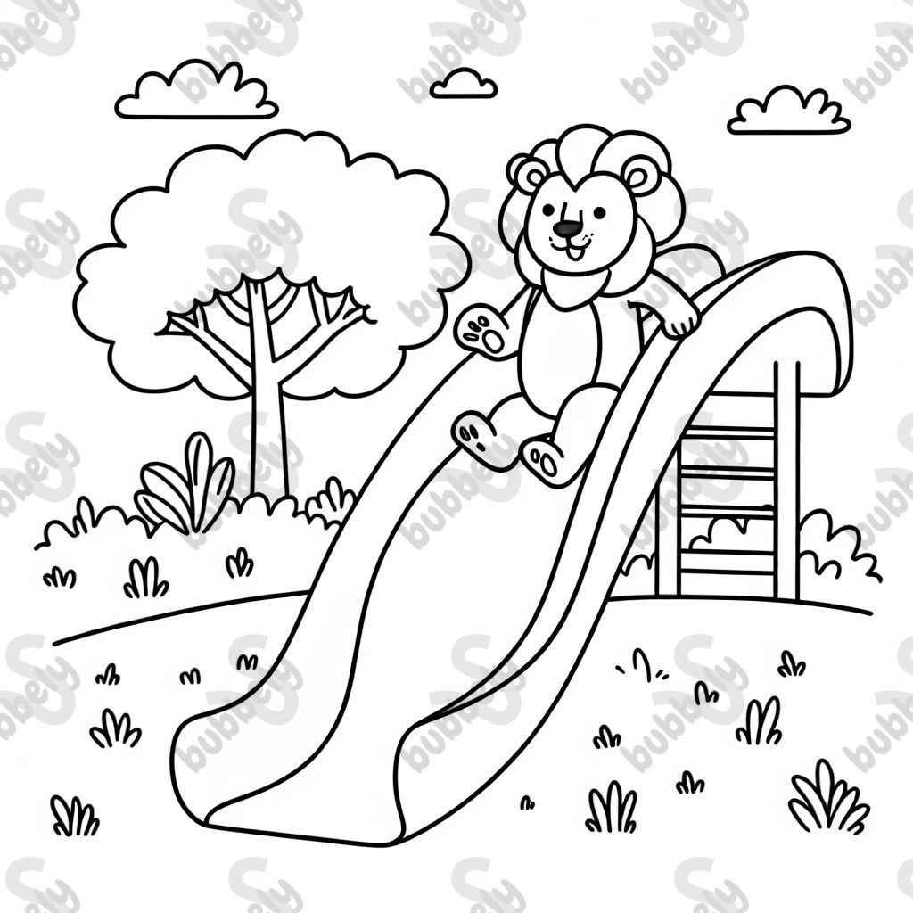 Lion going down a slide