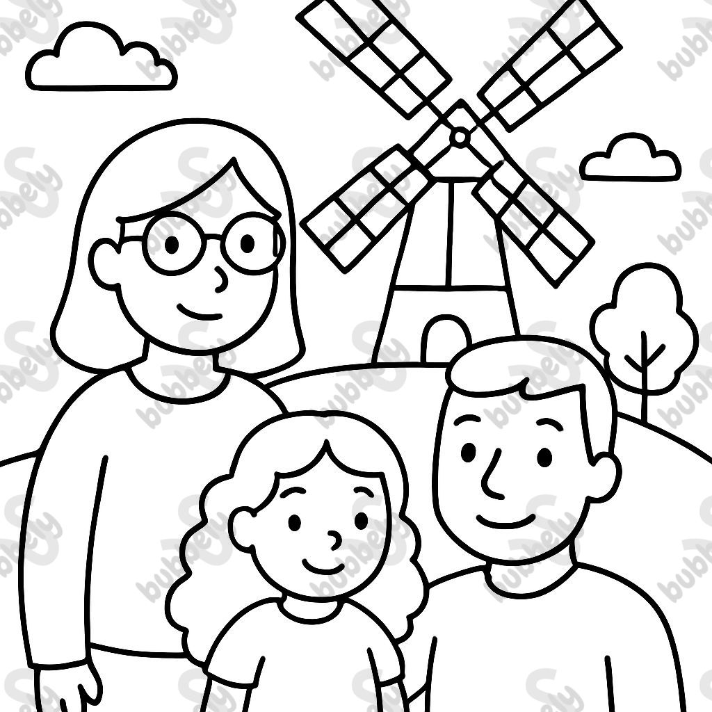 Une famille se tient devant un moulin à vent néerlandais avec une mère portant des lunettes, un père et une petite fille aux longs cheveux bouclés. Une famille se tient devant un moulin à vent néerlandais avec une mère portant des lunettes, un père et une petite fille aux longs cheveux bouclés.