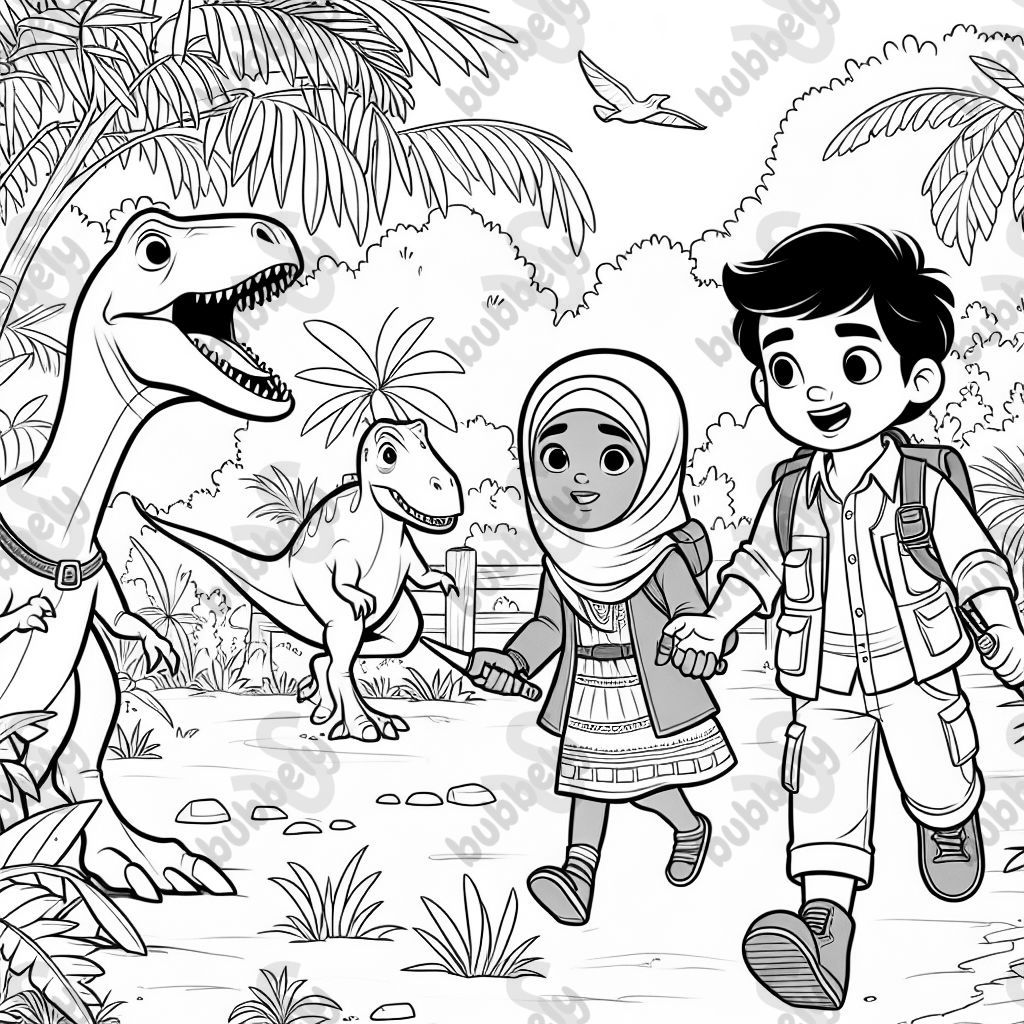 A boy and girl in the jungle with dinosaurs
