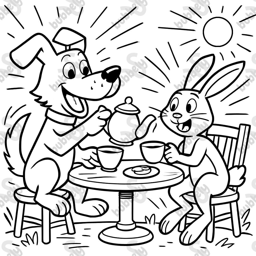 A dog and a rabbit having tea together.