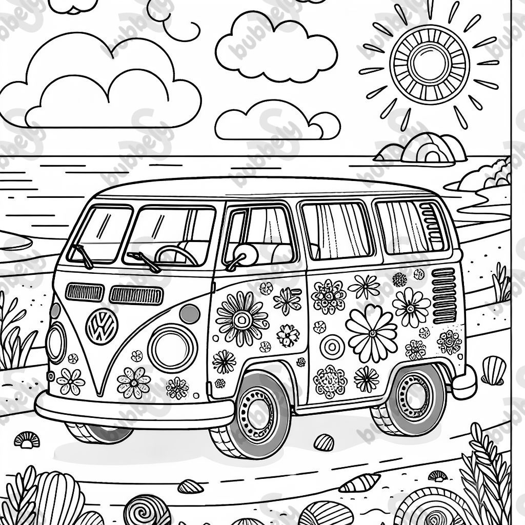 A Volkswagen van with flowers on it by the beach.