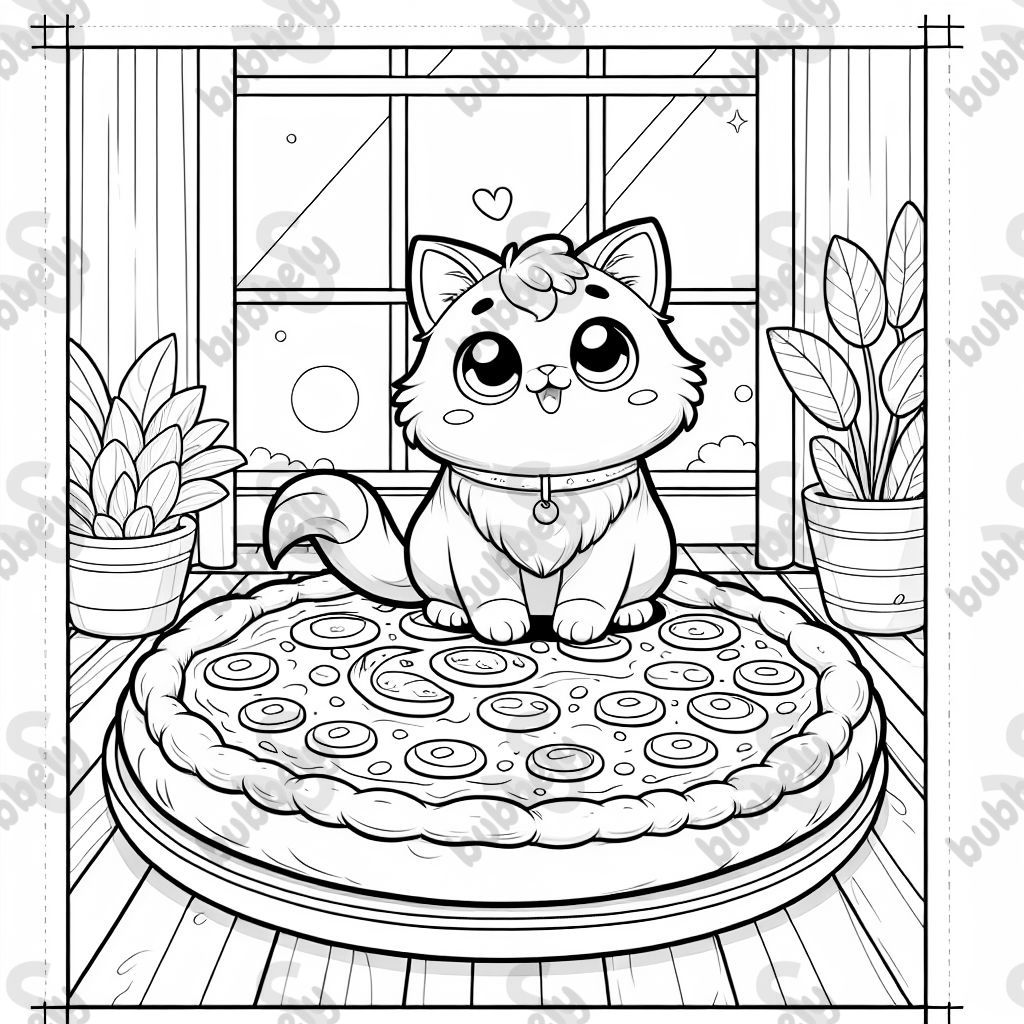 Un chat assis à côté de la pizza.