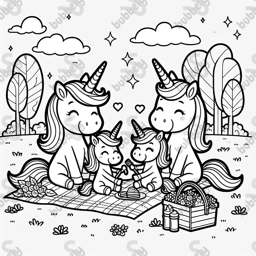 Mommy unicorn, daddy unicorn, and two daughter unicorns on a picnic
