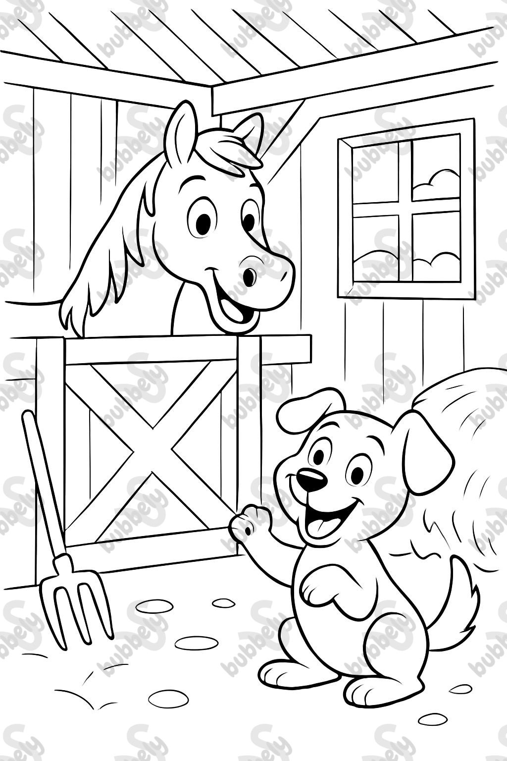 Un cheval entier dans l'écurie avec un chien