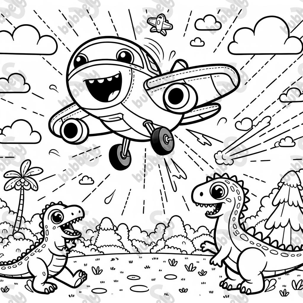 a jet plane flying over dinosaurs