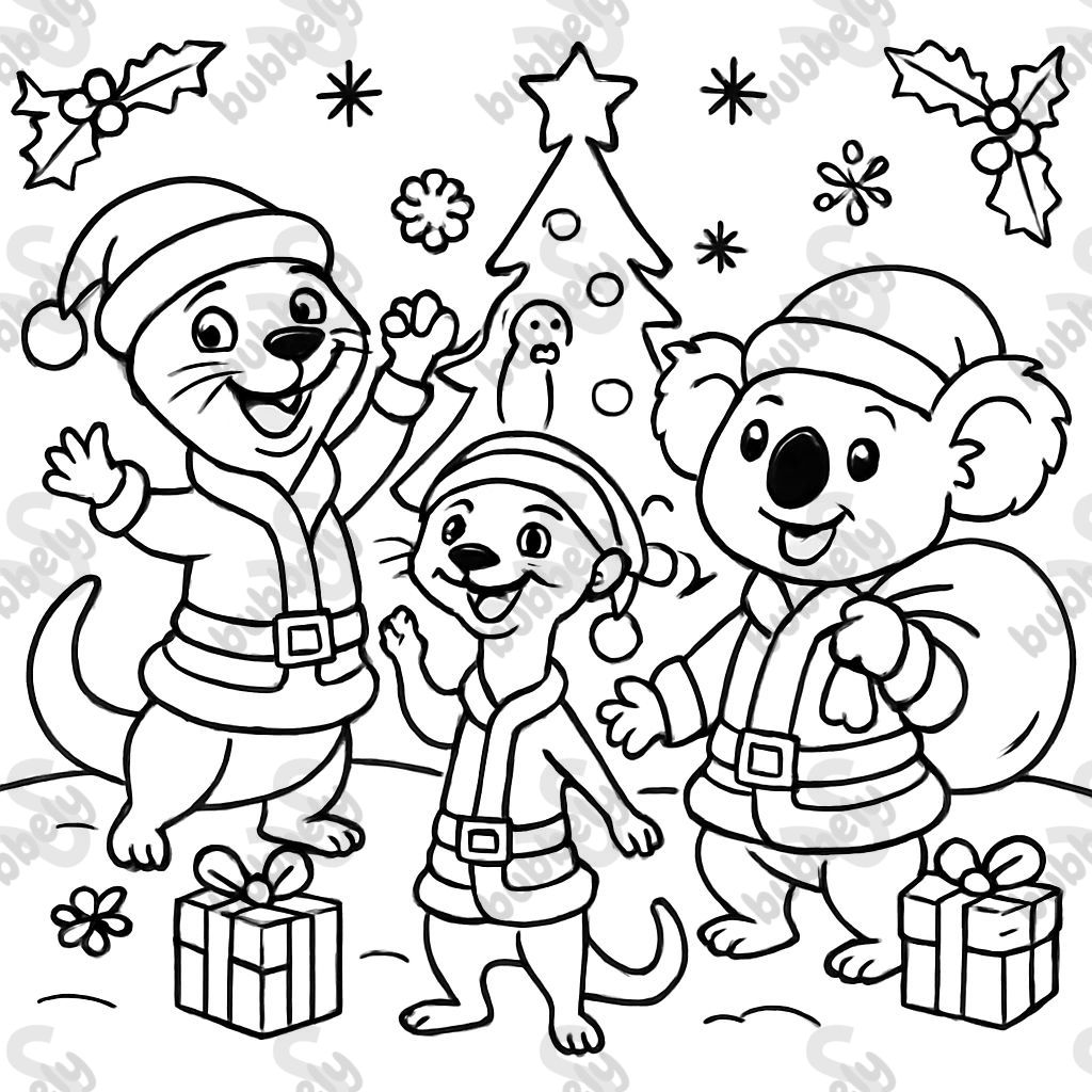 an otter, meerkat, and koala as Santa Clauses