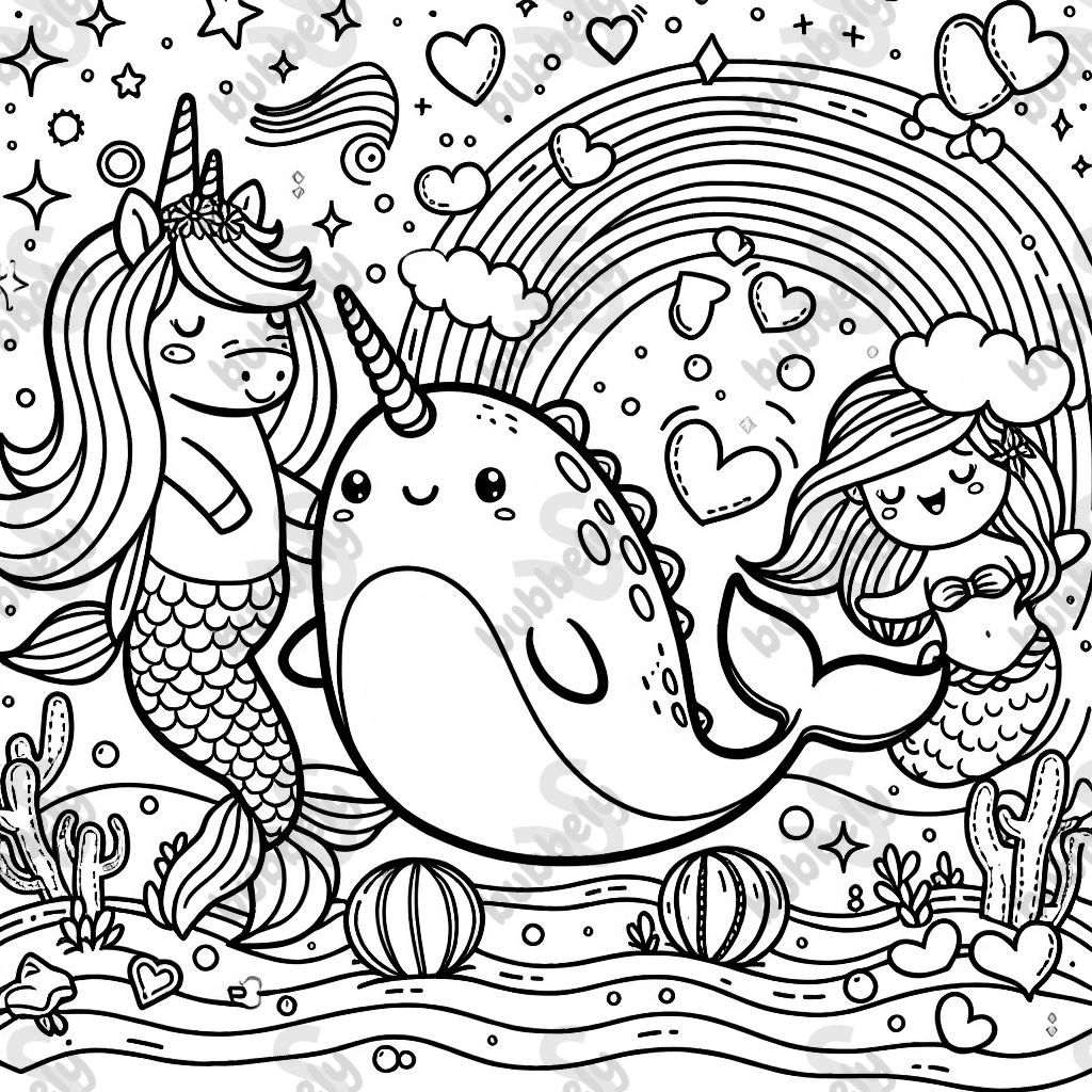 A narwhal, unicorn and mermaid with hearts, rainbow and stars