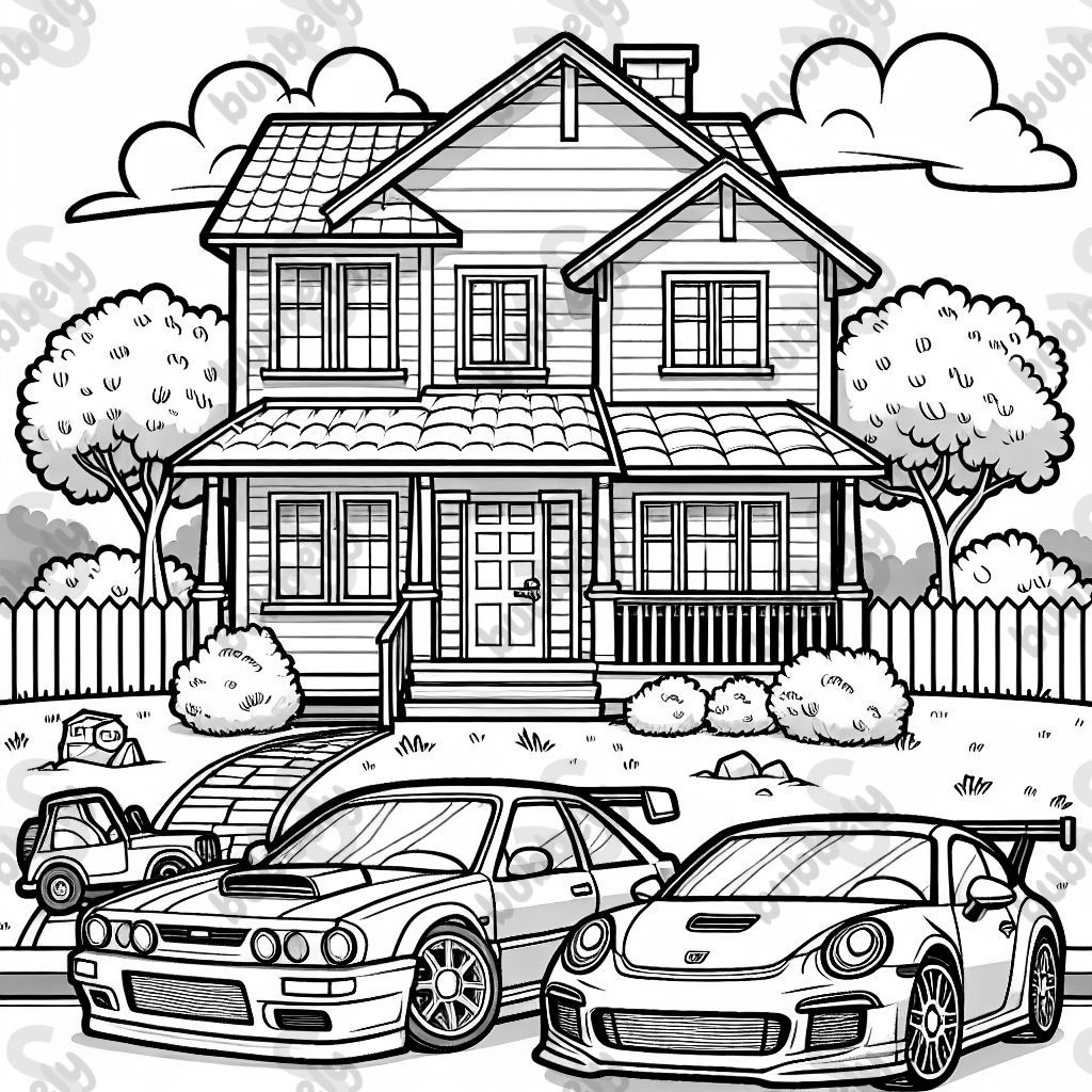 A house on a hill with three cars in the driveway: a race car, a GTI, and a small SUV. The house has the Chicago flag.
