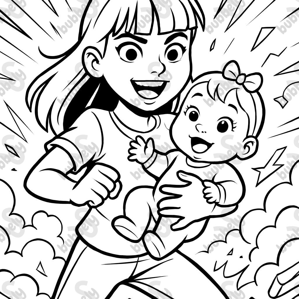Girl with bangs holding baby sister