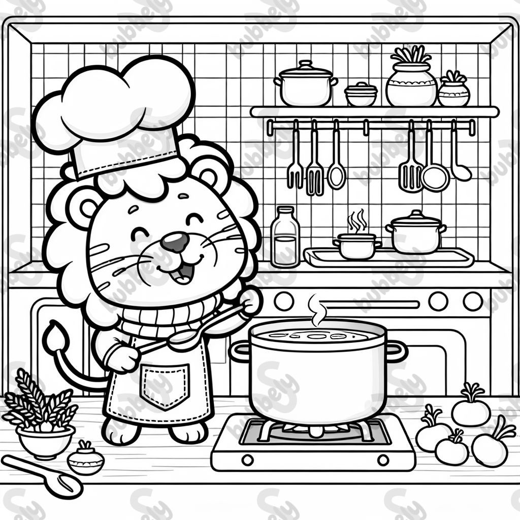 A lion cooking soup