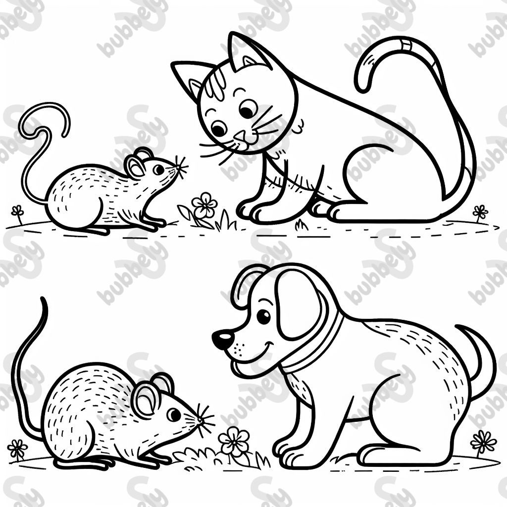 A cat and a dog eating a mouse.