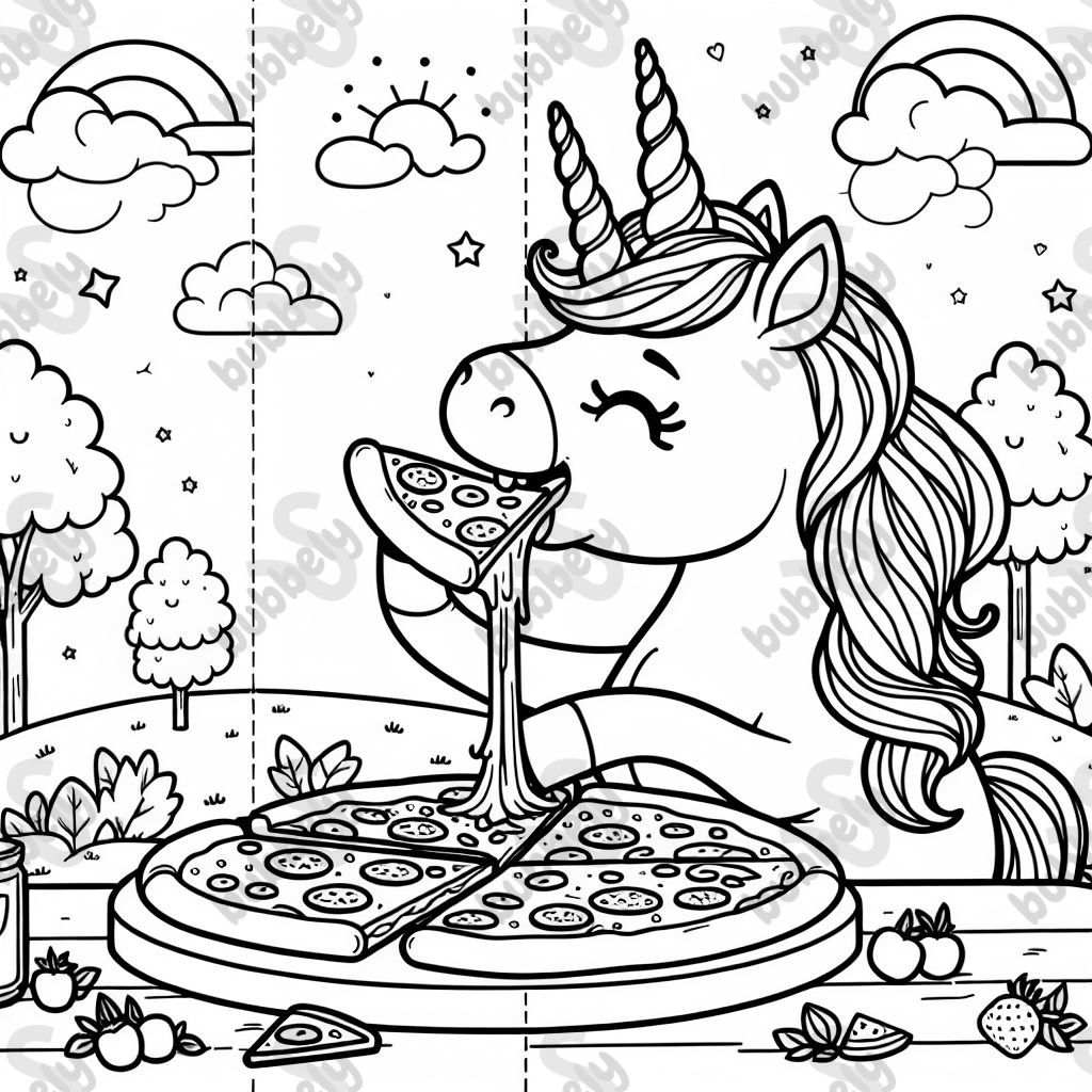 A unicorn eating pizza