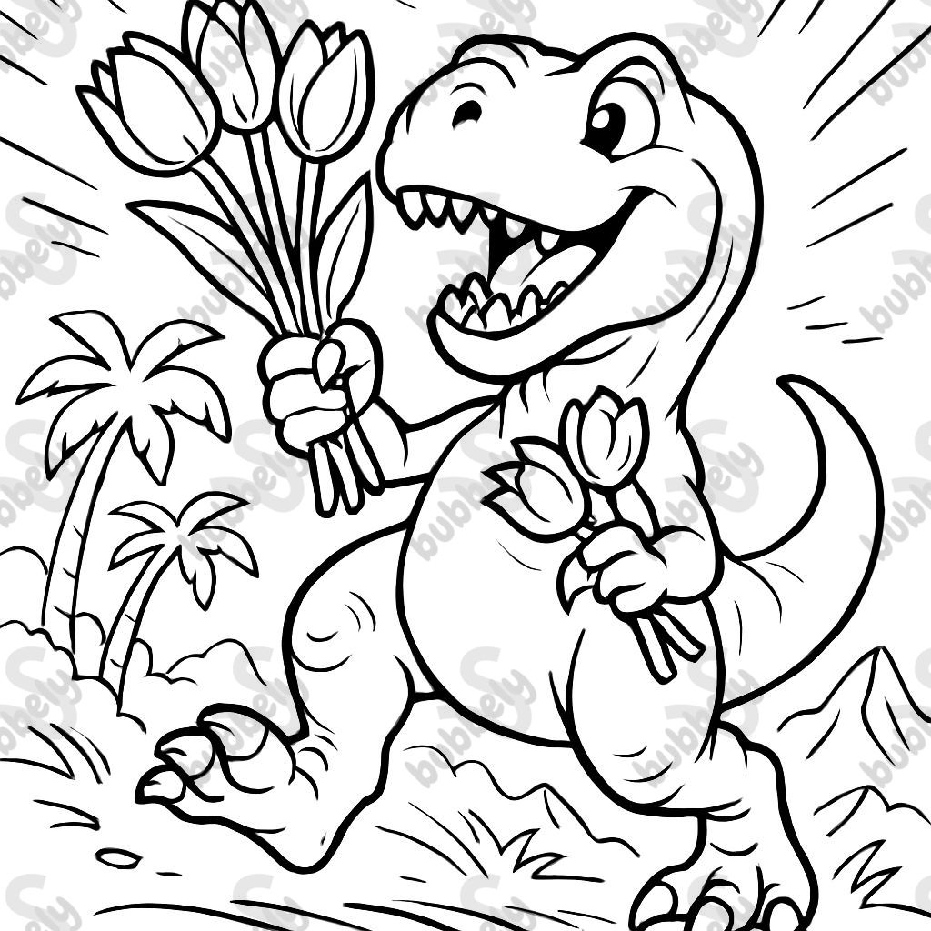 Dinosaur holding tulips