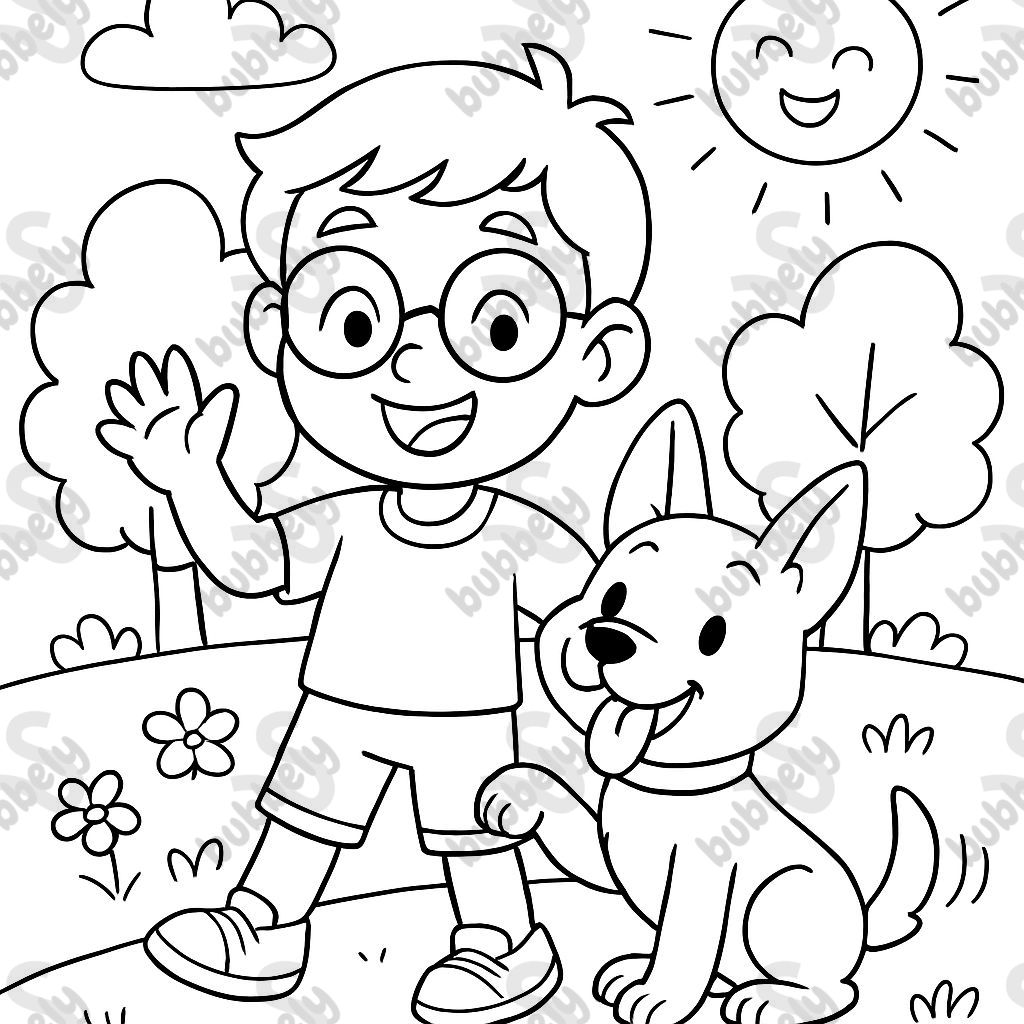 boy wearing glasses and a dog with pointy ears