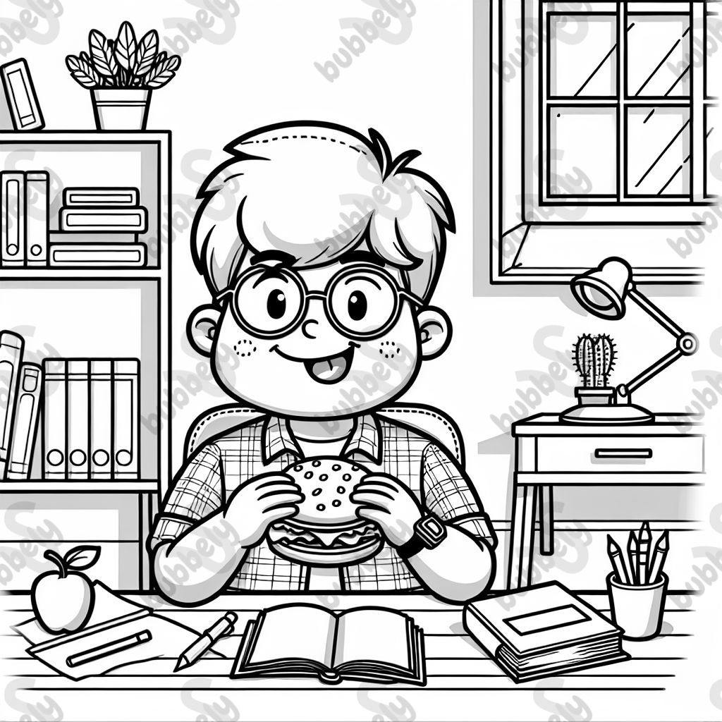 Dicker junget Mann mit Brille sitzt am Schreibtisch und ist burger.