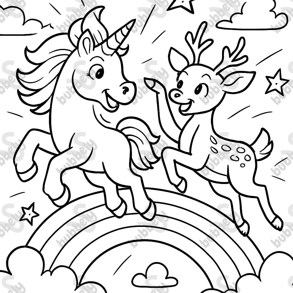 Unicorn and a deer playing on a rainbow