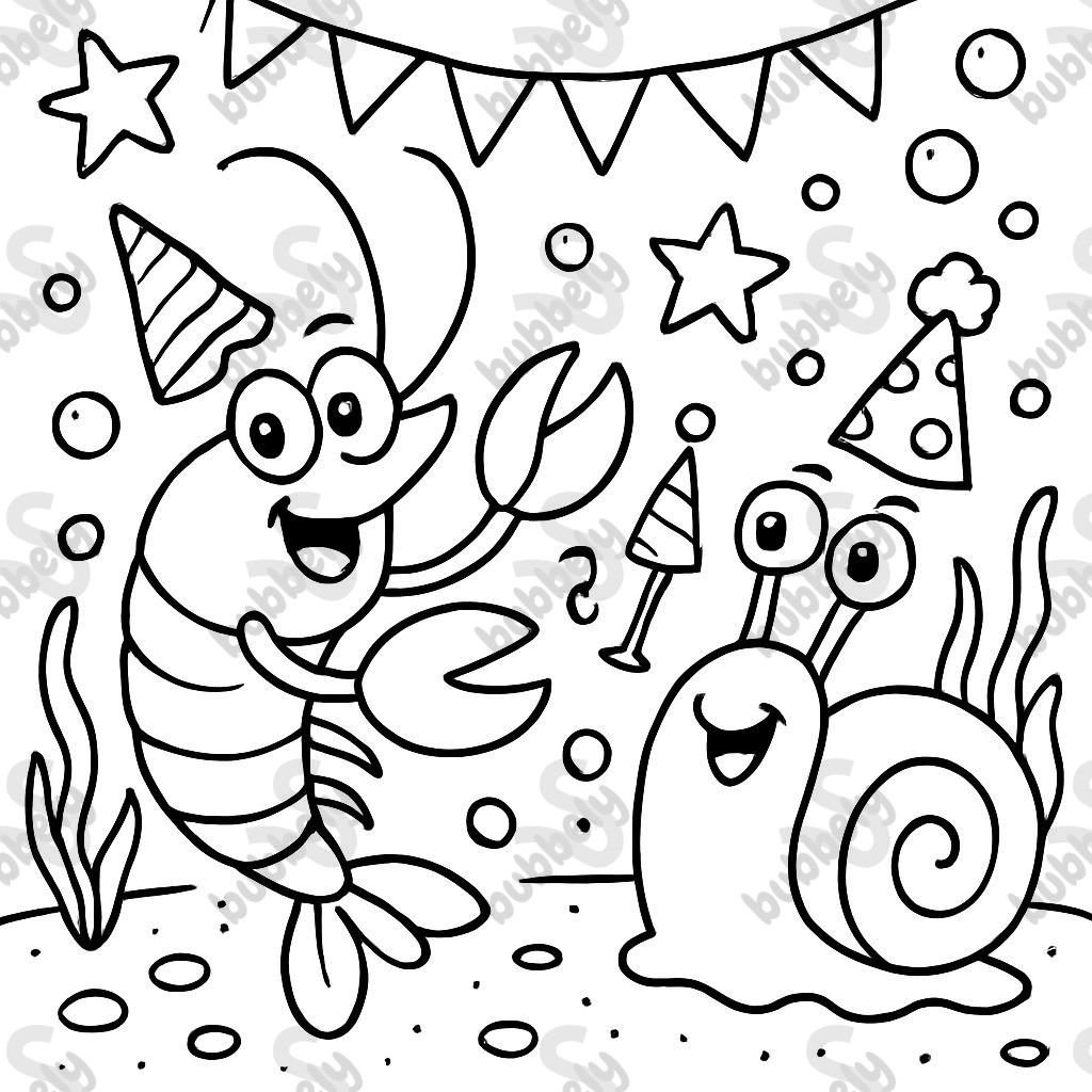 a prehistoric crab celebrating a party with a snail