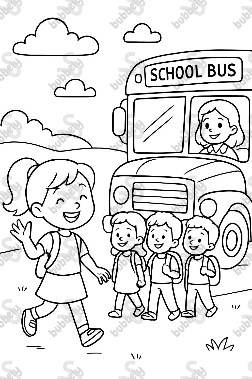 a school bus with a female bus driver and a line of kids to get on it. have a 6 year old girl with a ponytail waving to the friends. a school bus with a female bus driver and a line of kids to get on it. have a 6 year old girl with a ponytail waving to the friends.