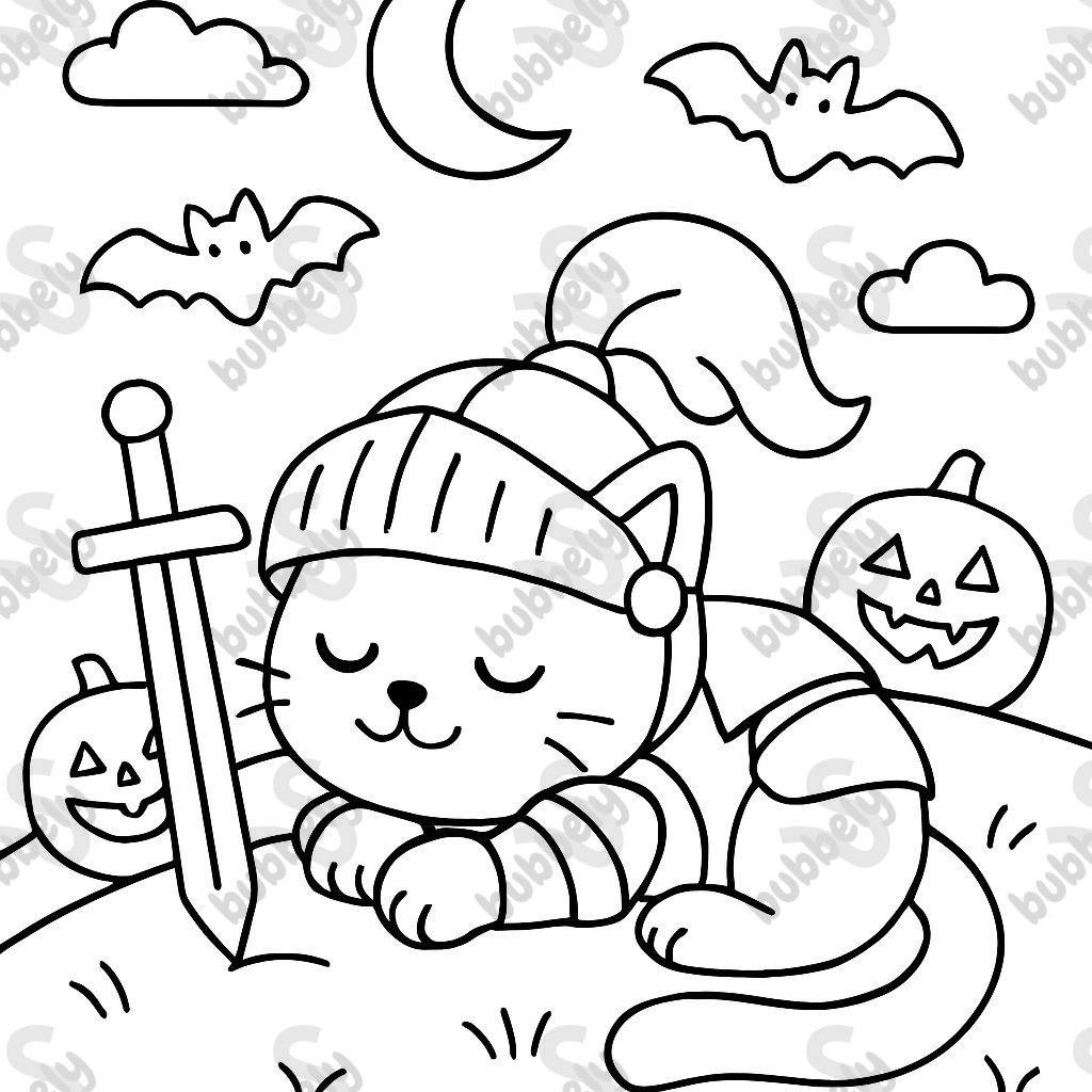 Halloween cat sleeping dressed as a knight