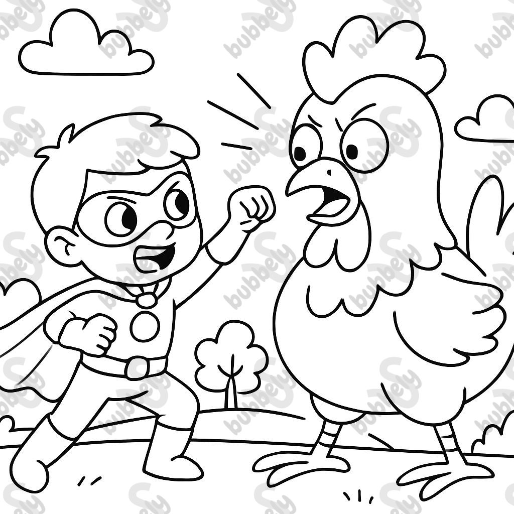 A brave superhero fighting a gigantic chicken