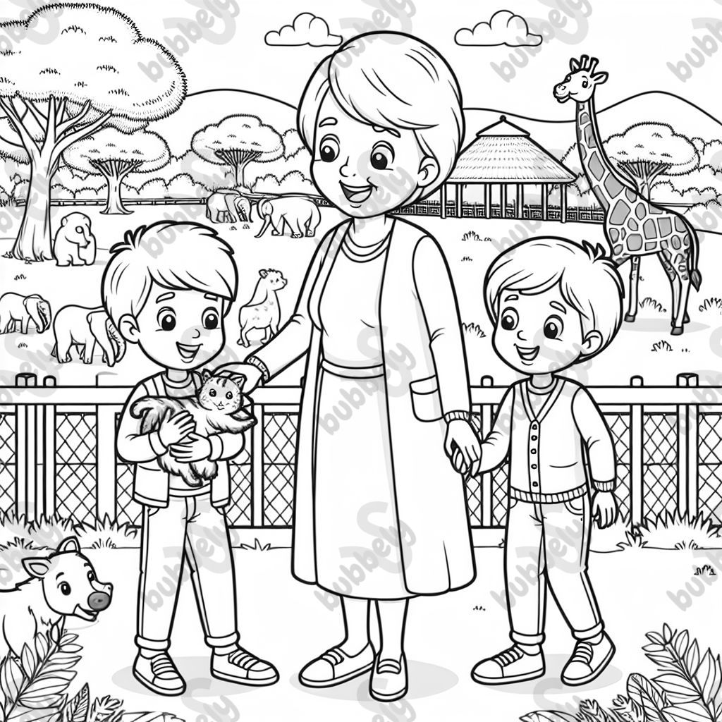Grandma short hair and little boy and preteen girl at the zoo