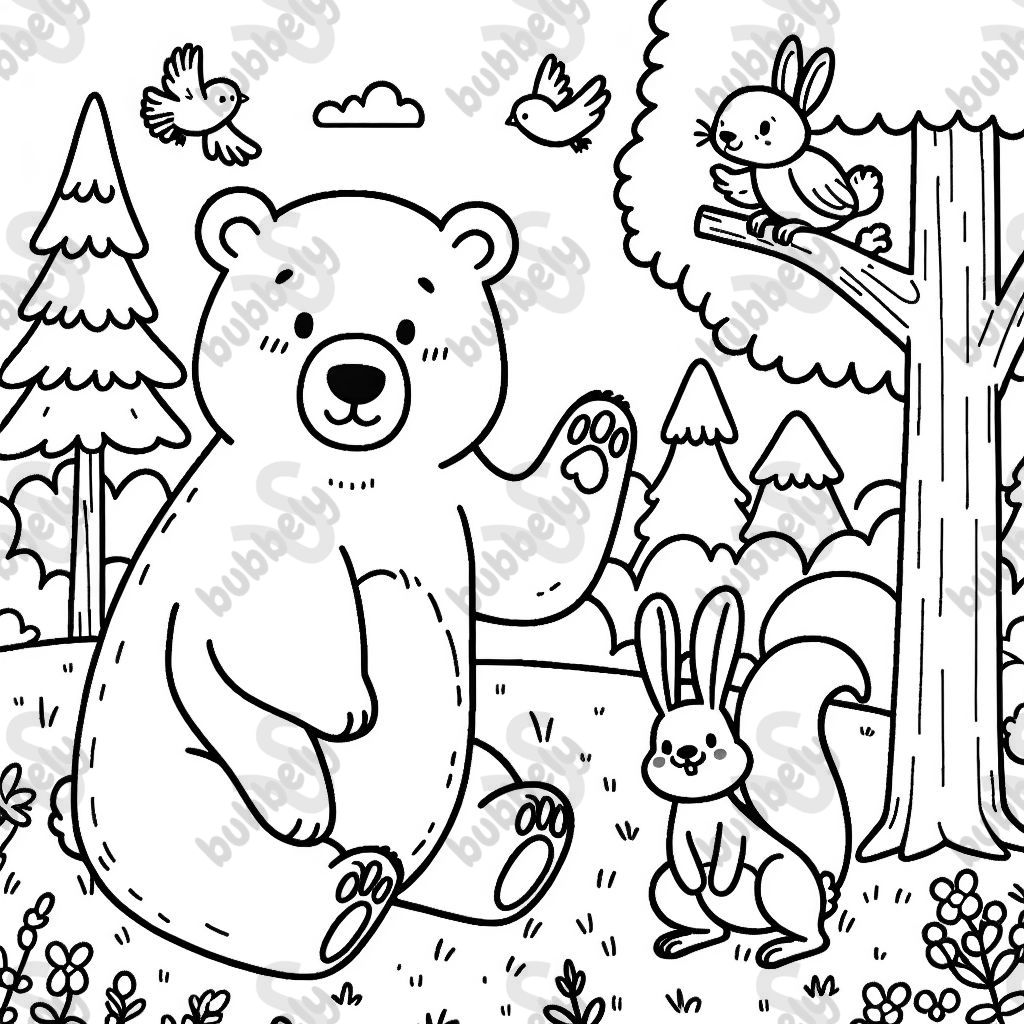 A bear, a hare, and a squirrel are sitting in a forest. The bear waves happily while the hare hops joyfully in a meadow. Birds fly above, and in the background, there are trees and a small stream. A bear, a hare, and a squirrel are sitting in a forest. The bear waves happily while the hare hops joyfully in a meadow. Birds fly above, and in the background, there are trees and a small stream.