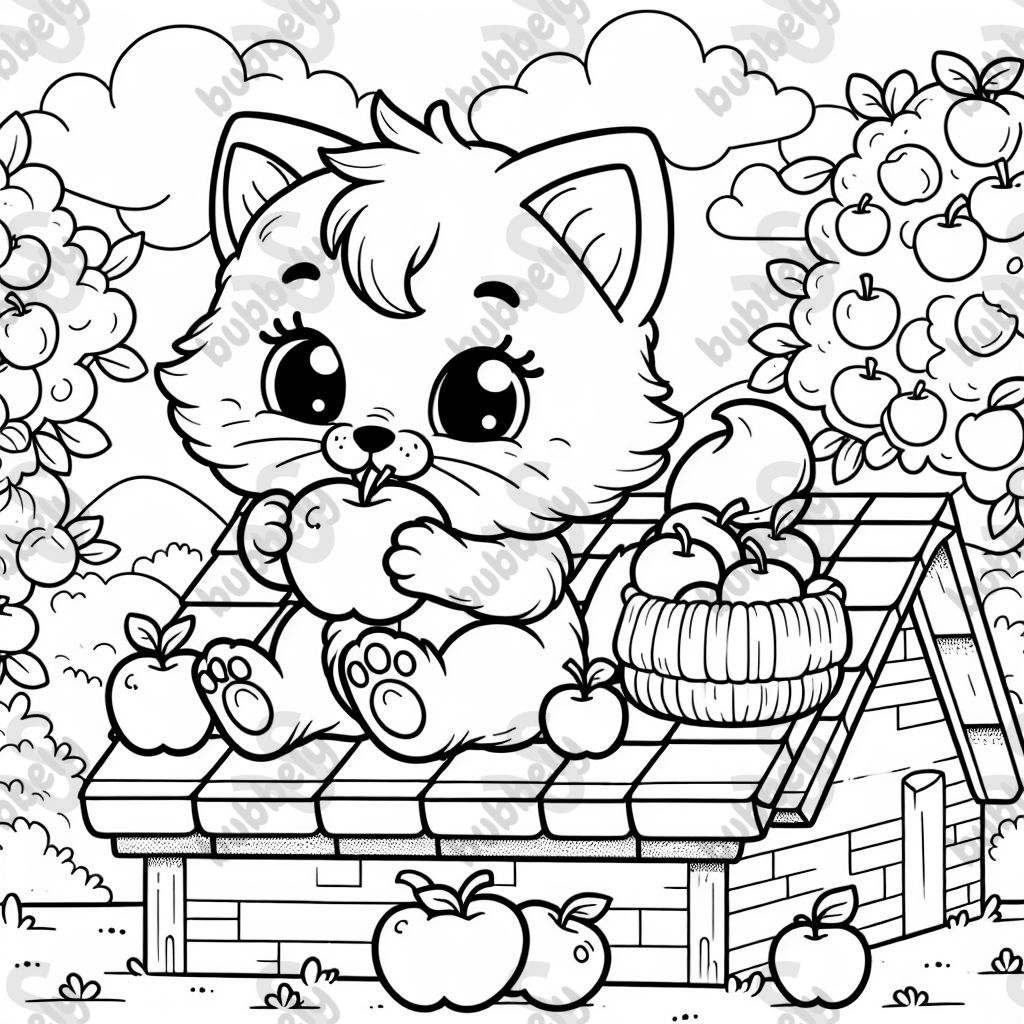 a kitten on the roof eating apples