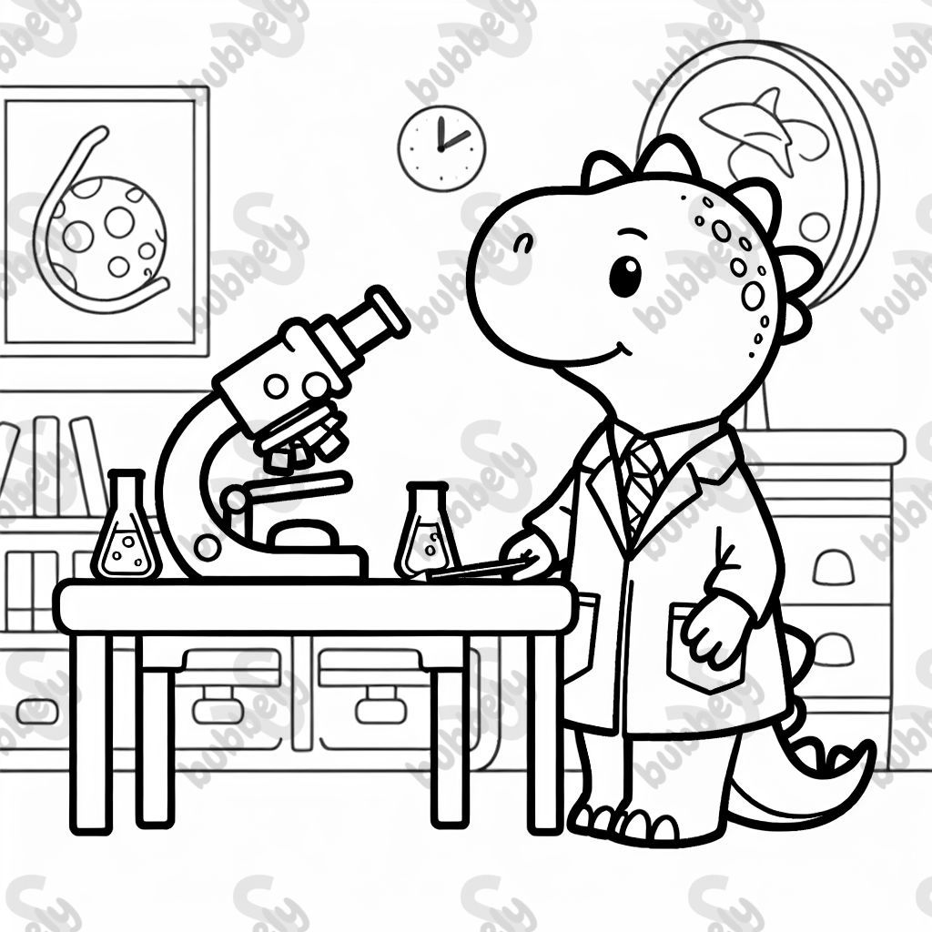 a Dinosaur in a Lab Coat working with a Microscope