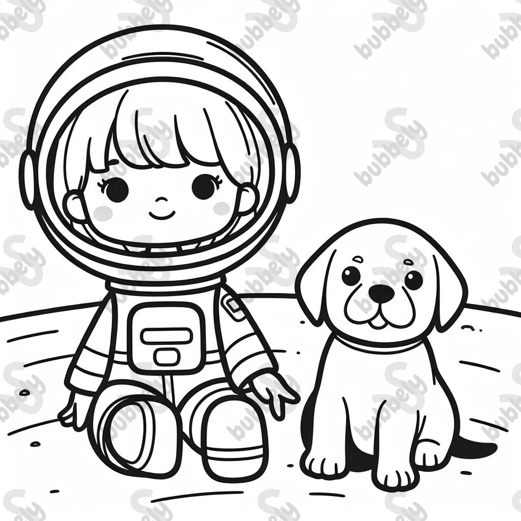 girl and black lab pup astronauts in space