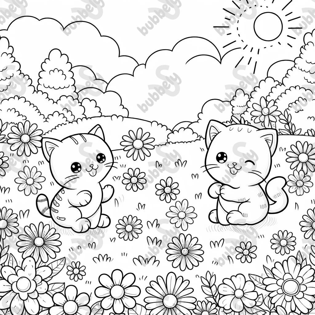 two cute cats on the flower meadow
