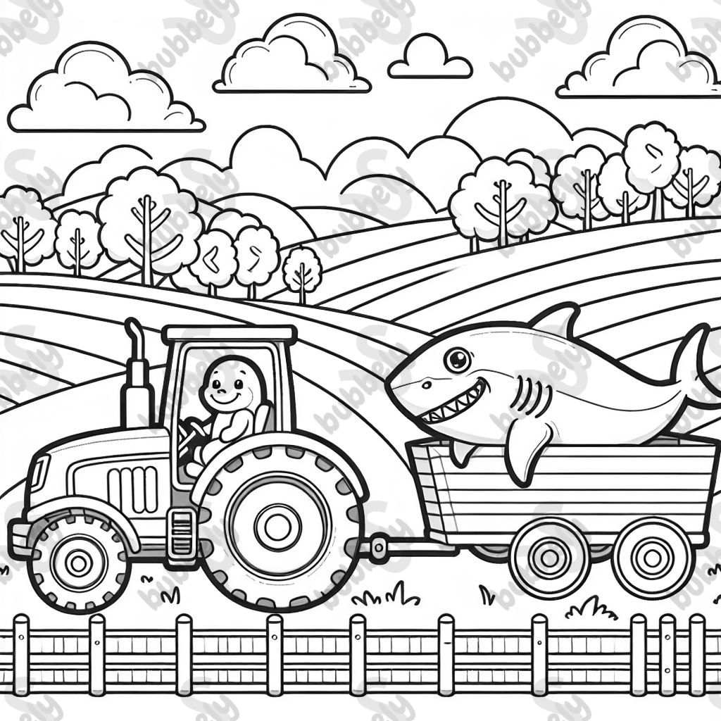Un tracteur avec une remorque et un requin sur la remorque. Un tracteur avec une remorque et un requin sur la remorque.