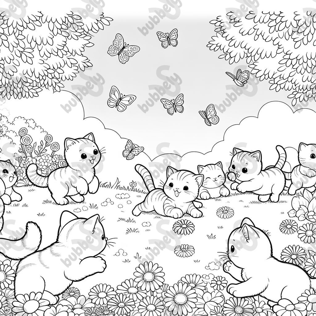 Des papillons, des fleurs et des chatons jouant dans un champ. Des papillons, des fleurs et des chatons jouant dans un champ.