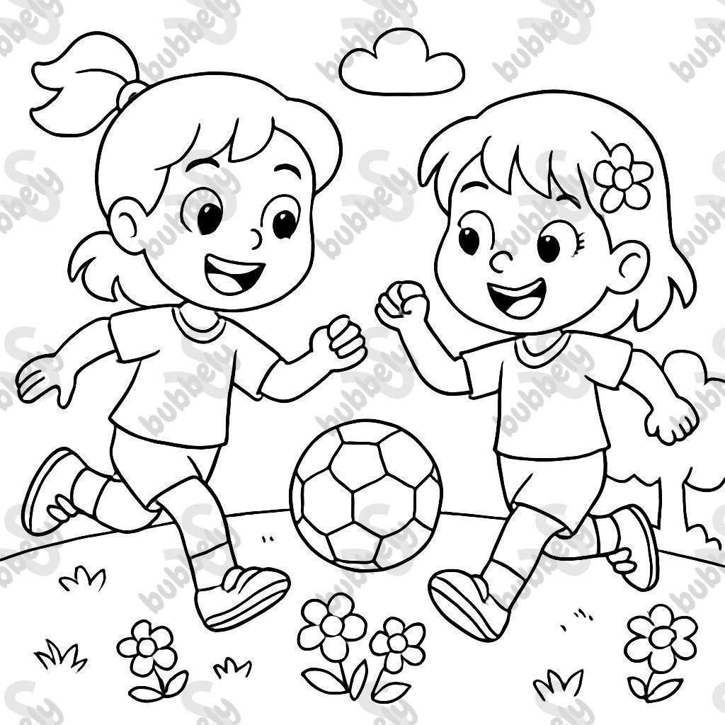 Deux petites filles jouent au football avec des fleurs.