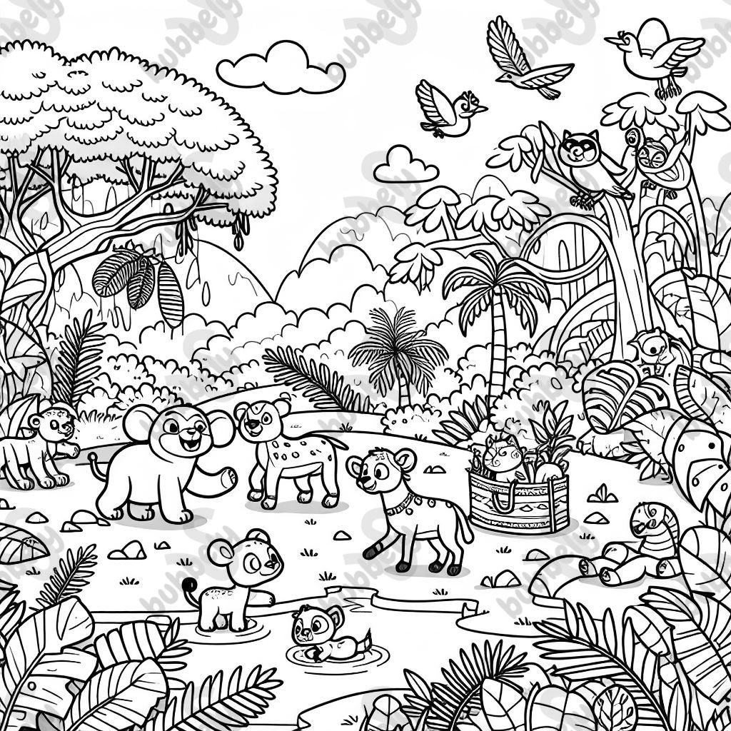 a jungle scene with kind animals