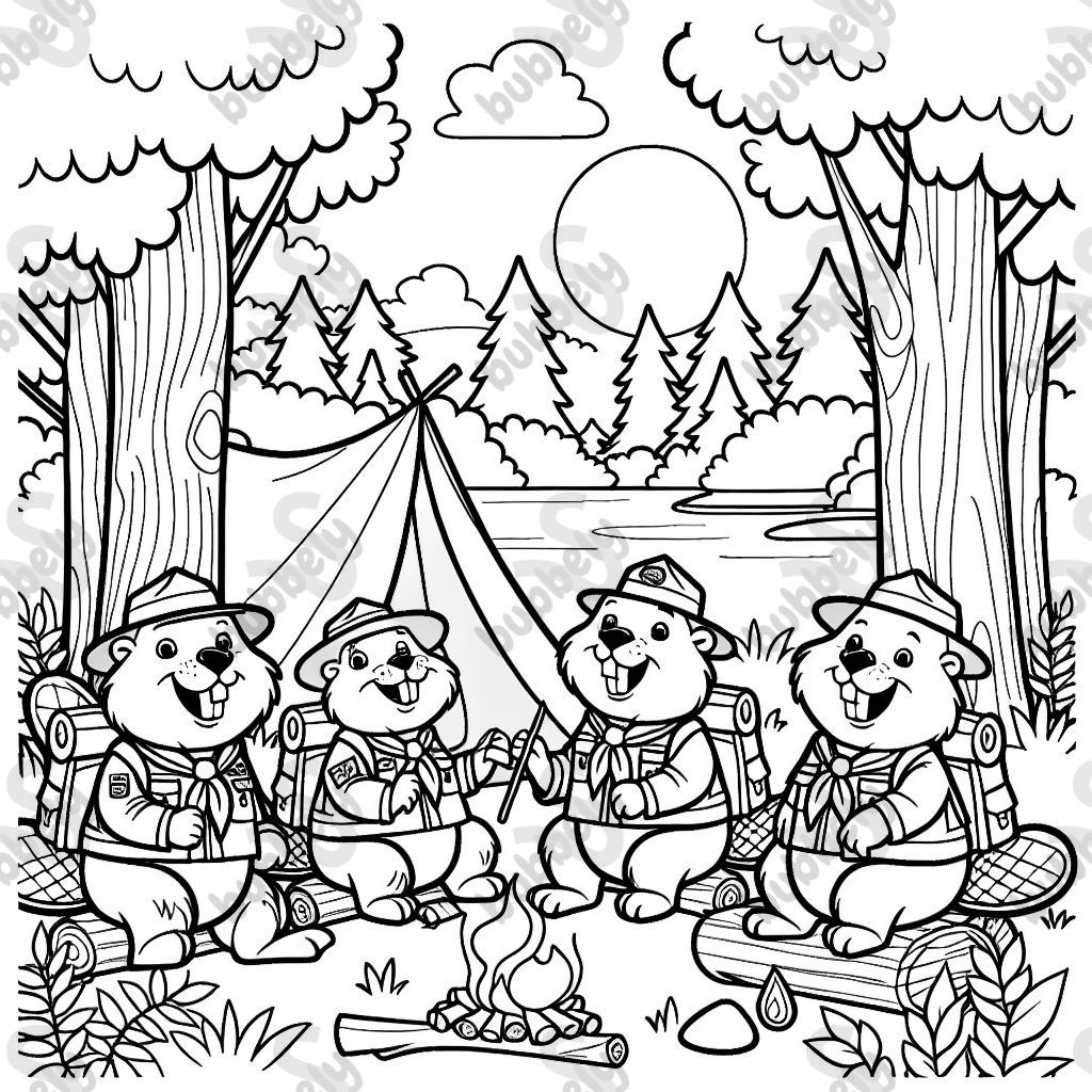 beavers dressed as scouts camping in a forest
