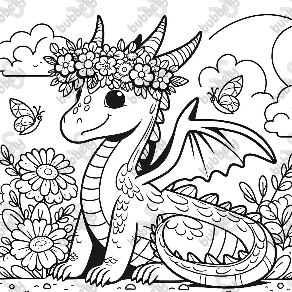 a dragon with big wings, a flower crown on its head, and two flowers in its front paws