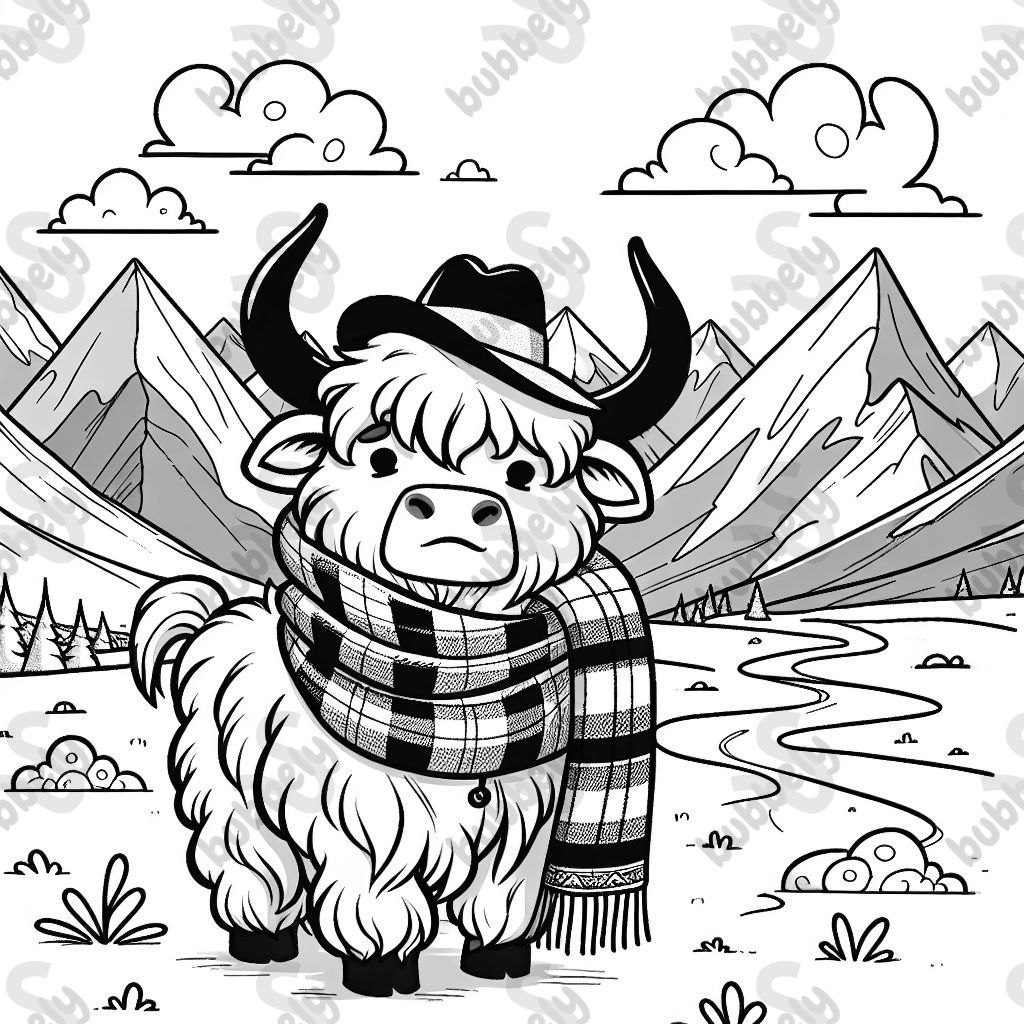 Yak wearing a hat and scarf in the mountains