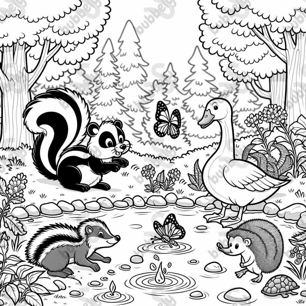Simple coloring page of squirrel, skunk, hedge hog, goose, butterfy playng in a forest near water