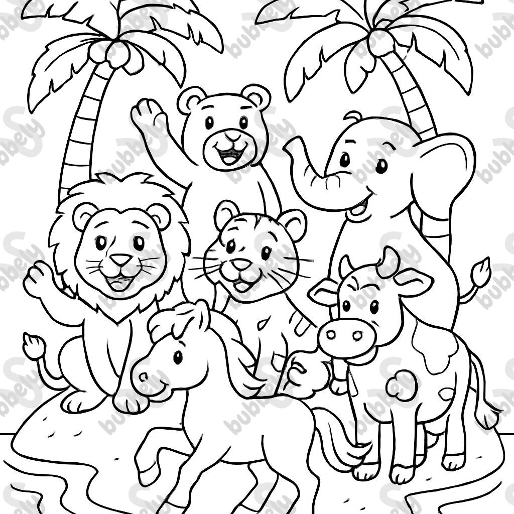 A lion, a tiger, a bear, a horse, a cow and an elephant on a small deserted island.