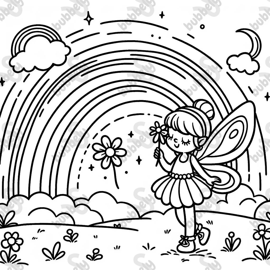 A picture of a colorful rainbow with a magical fairy, inviting children to be creative and color the scene vibrantly.