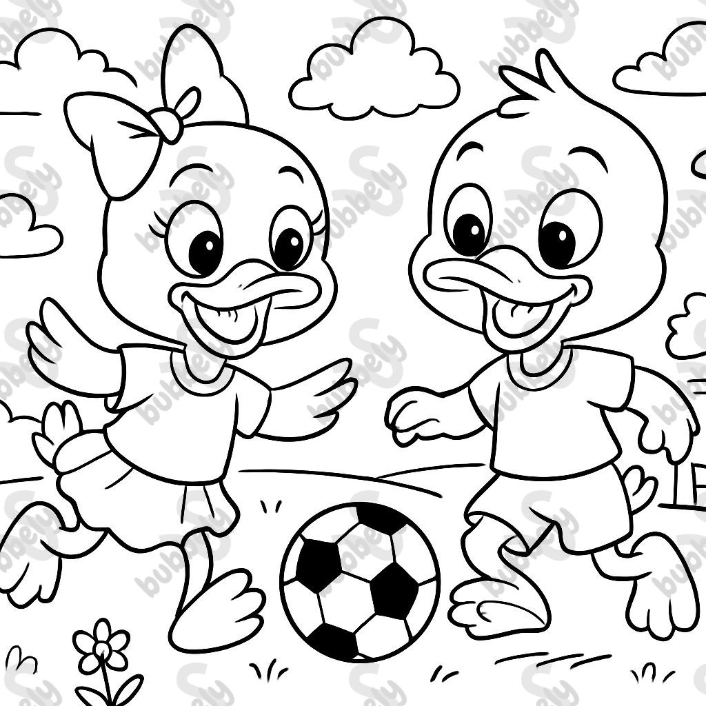 Girl and boy duck playing soccer