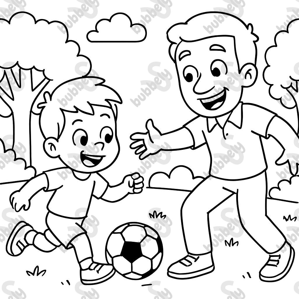 Son and father playing soccer.