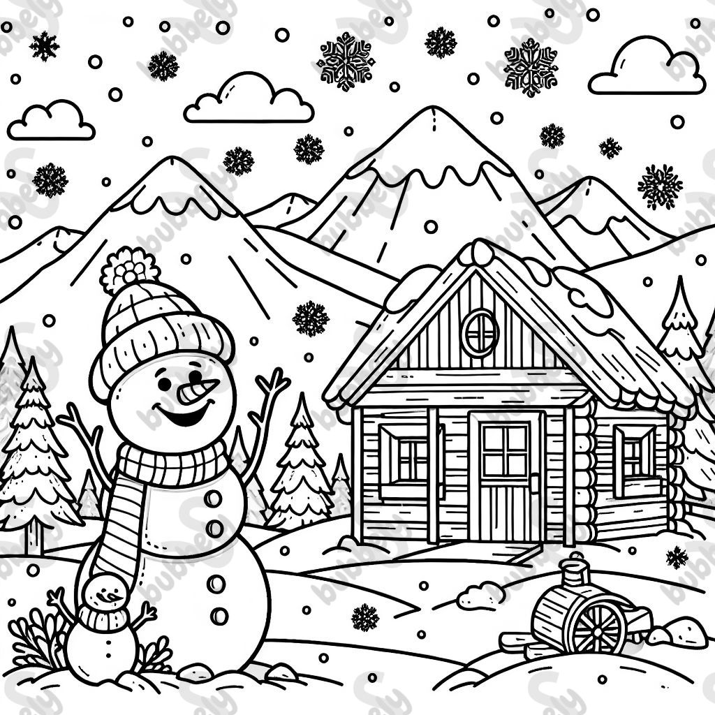 a snowman with snowflakes falling, with a cabin and mountains in the background 
