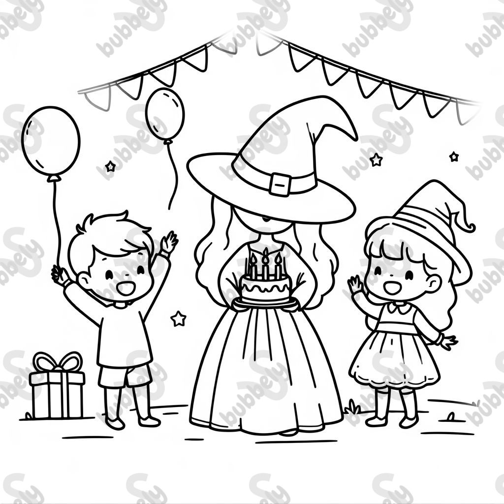 eine hexe feiert geburtstag mit einem mädchen und einem jungen